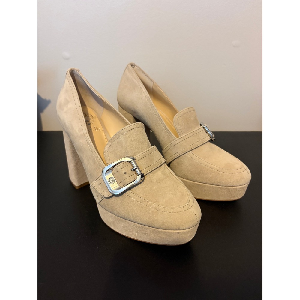 Vince Camuto Beige Suede Platform Loafer Pumps Block Heel Buckle 8M 39